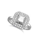Octagon Shape Pave Cubic Zirconia Ring with Square CZ Center Rhodium on Silver