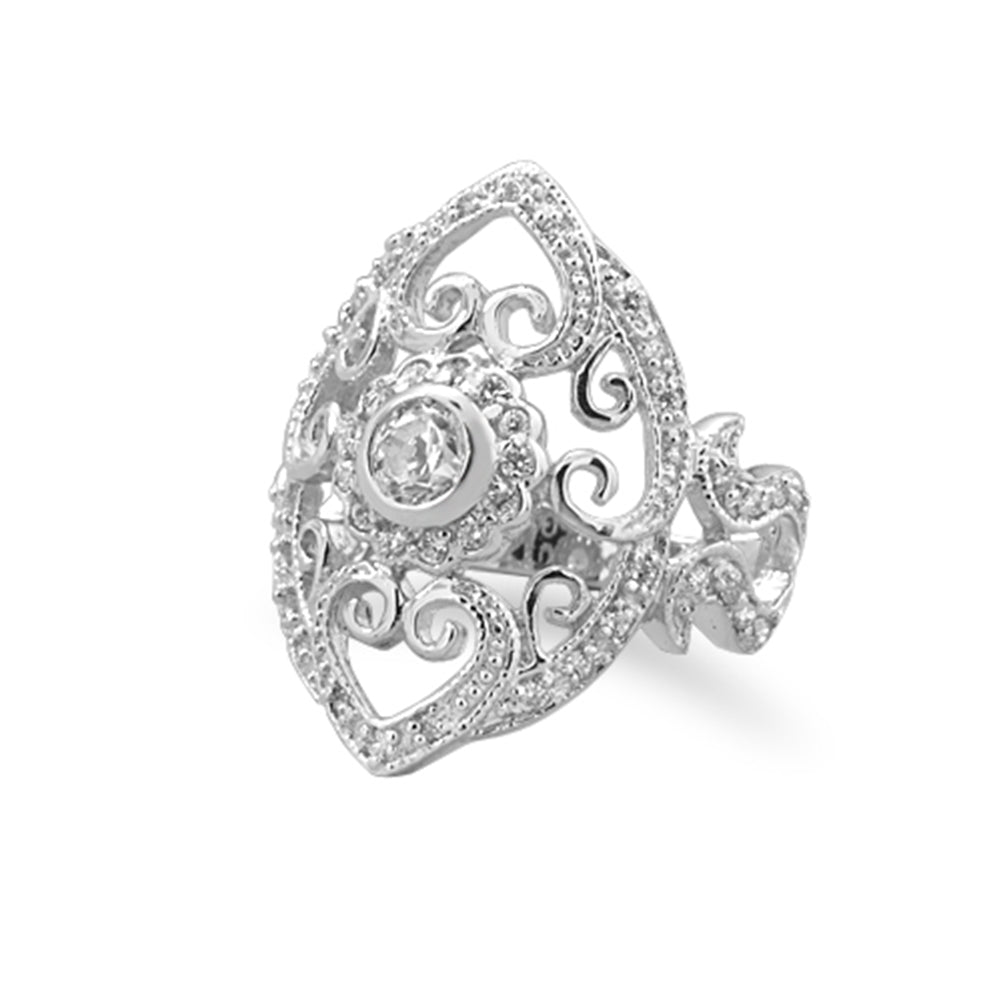 Vintage Filigree Heart and Scroll Design Ring with CZ Rhodium on Sterling Silver