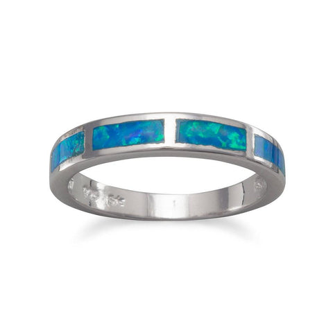 Synthetic Blue Opal Band Ring Inlaid Synthetic Stone Polished Finish 3mm Wide
