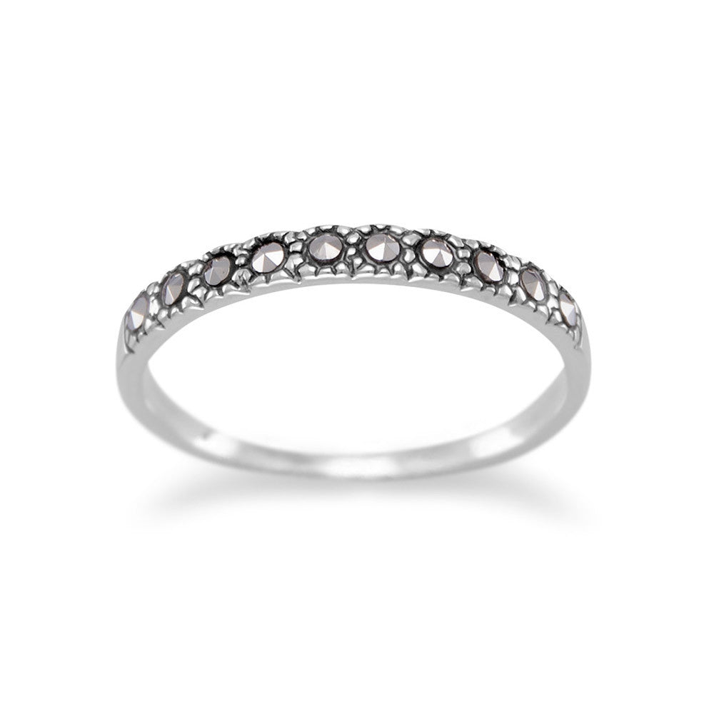 Sterling Silver Stackable Band Ring with Ten Marcasite Stones 2mm Wide