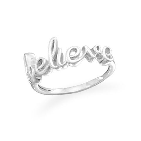 Sterling Silver Believe Ring Script Cursive Writing