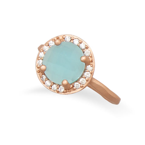 Aqua Blue Ring with Cubic Zirconia Halo Rose Gold-plated Sterling Silver