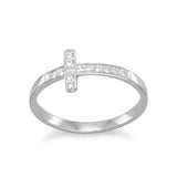 Sideways Cross Ring with Cubic Zirconia Rhodium on Sterling Silver, Size 4 to 11