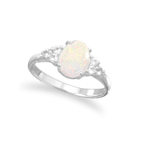 Australian Opal and White Topaz Ring Rhodium on Sterling Silver - Nontarnish