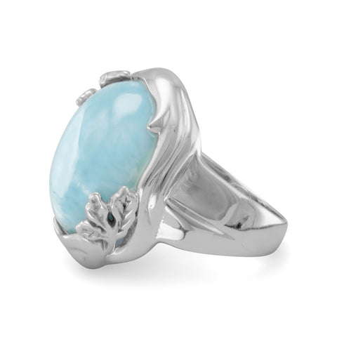 Atlantis Stone Larimar Ring Leaf and Vine Design Rhodium on Sterling Silver