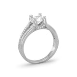 Solitaire CZ Engagement Ring with Side Stones Split Band Rhodium on Sterling