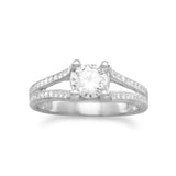 Solitaire CZ Engagement Ring with Side Stones Split Band Rhodium on Sterling