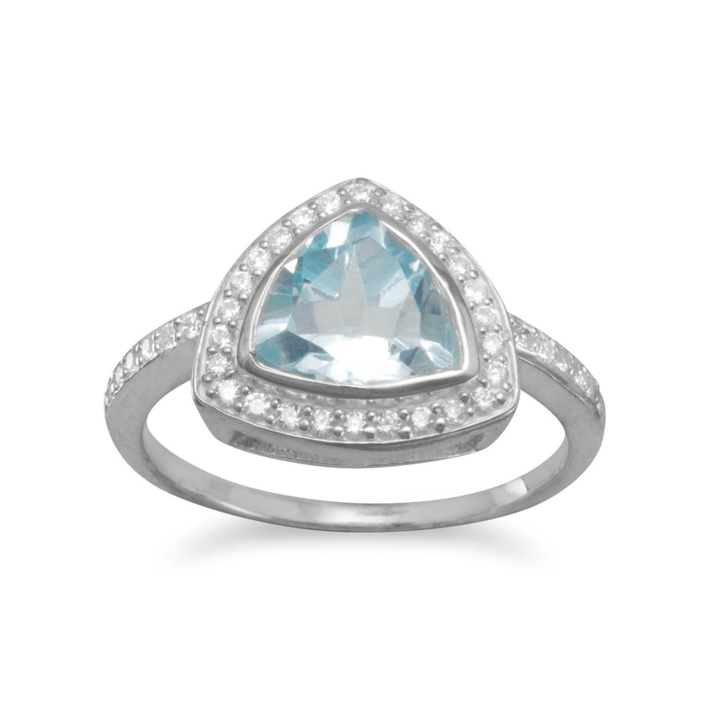 Triangle Blue Topaz Ring Sterling Silver  Cubic Zirconia Halo and Side Stones
