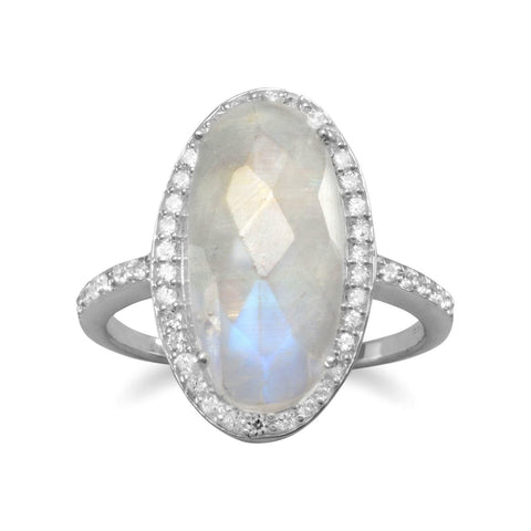 Oval Rainbow Moonstone Ring with Cubic Zirconia Halo Sterling Silver