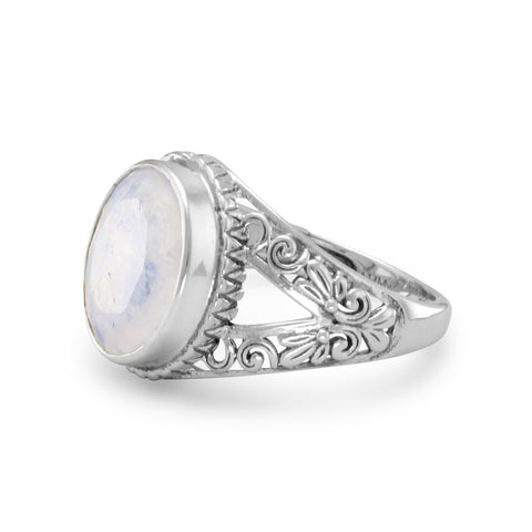 Rainbow Moonstone Ring with Scroll Design Split Band Antiqued Sterling Silver