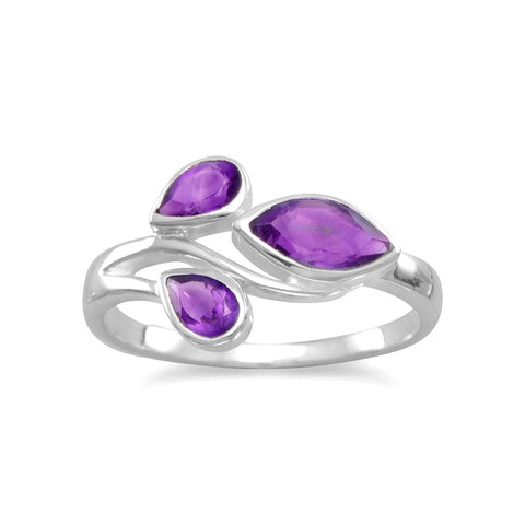 Amethyst Three-stone Ring with Teardrop and Marquise Stones Sterling Silver