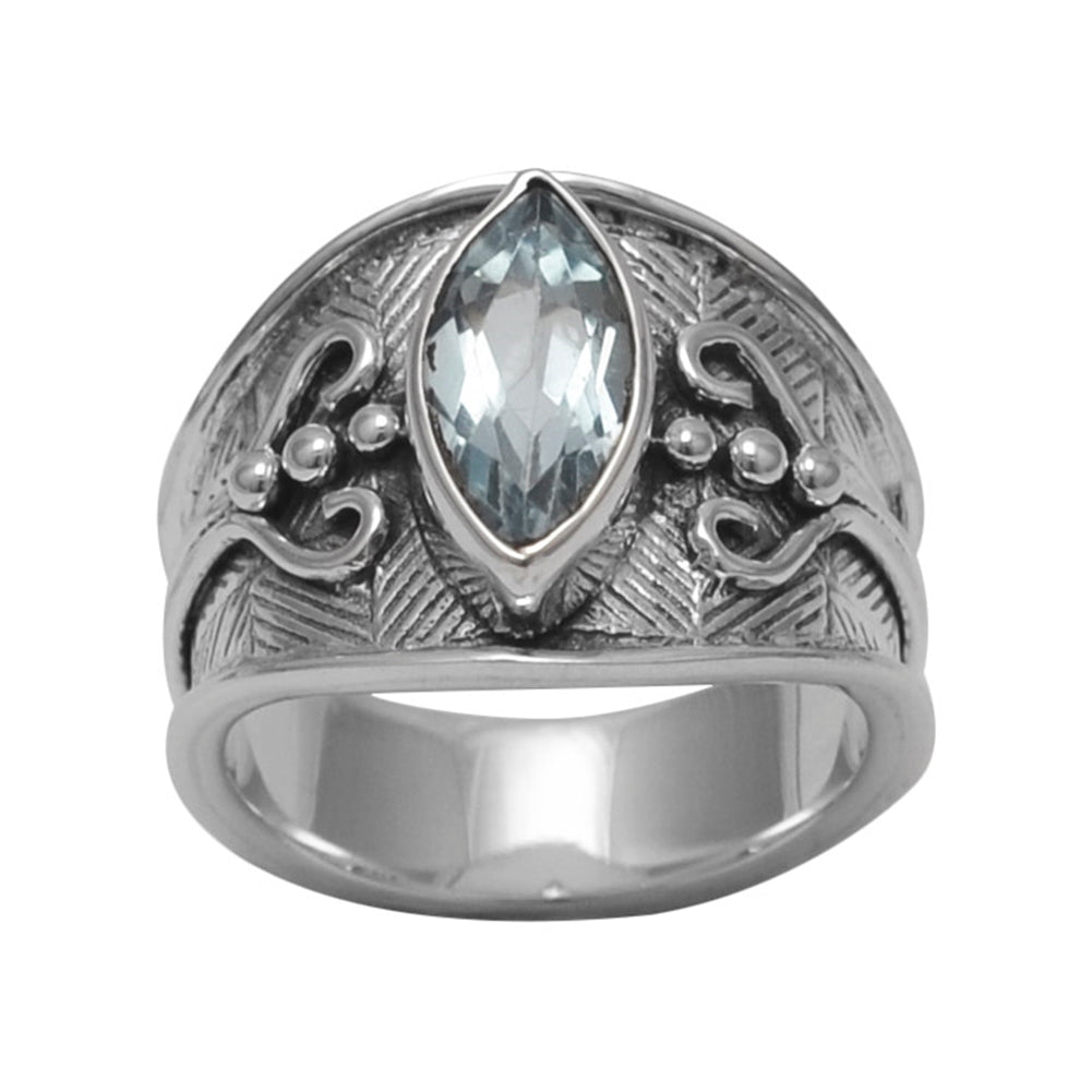 Blue Topaz Ring Marquise Cut with Heart and Bead Design Sterling Silver