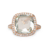 Light Green Prasiolite Ring with Cubic Zirconia Halo Rose Gold-plated