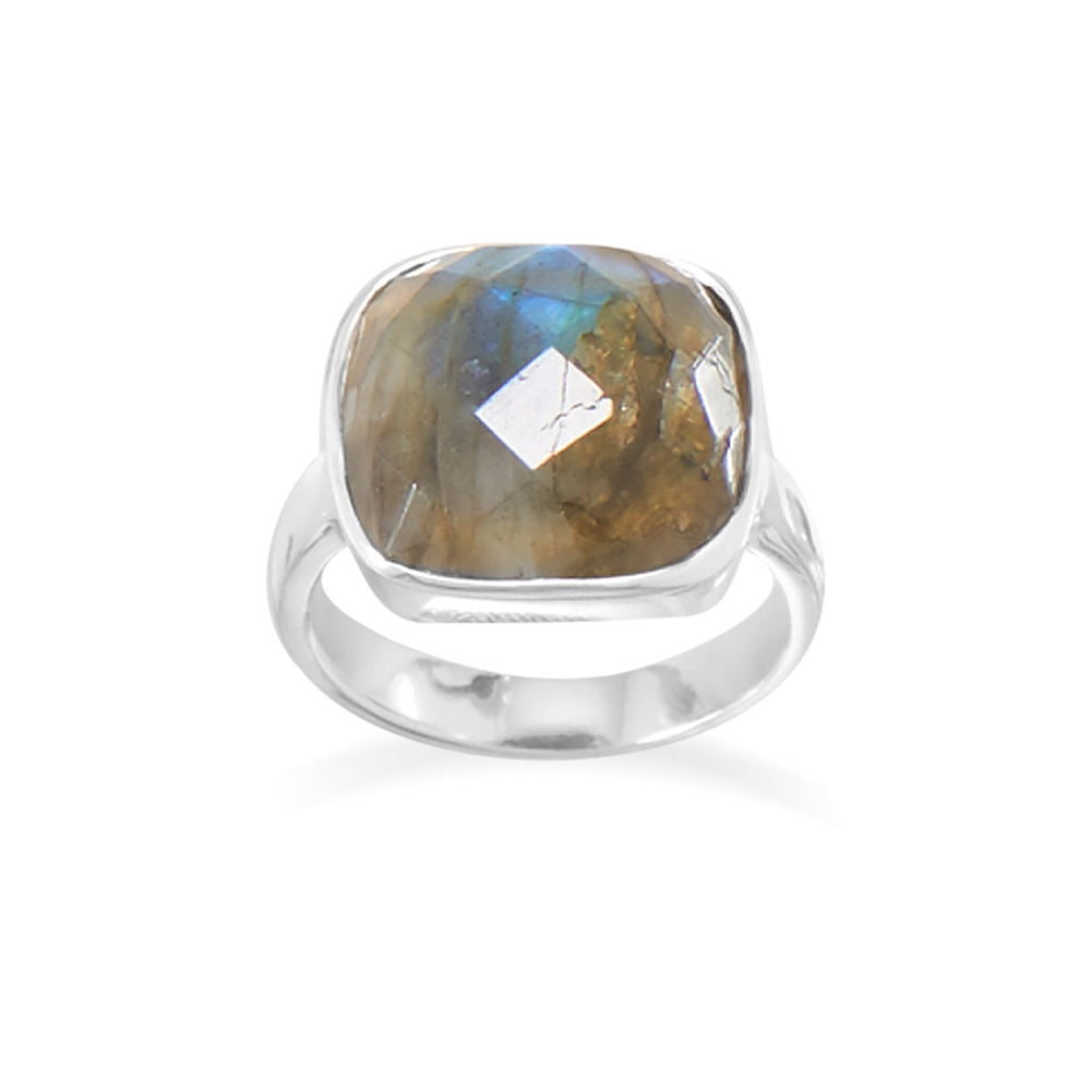 Labradorite Ring with Checkerboard Cut Soft Square Sterling Silver