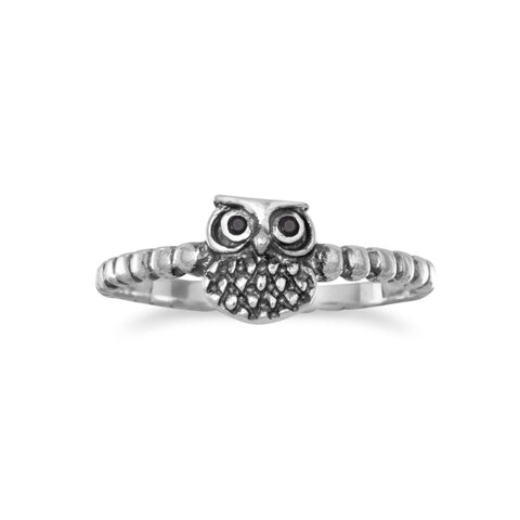 Cute Owl Ring with Black Cubic Zirconia Eyes Beaded Band Sterling Silver