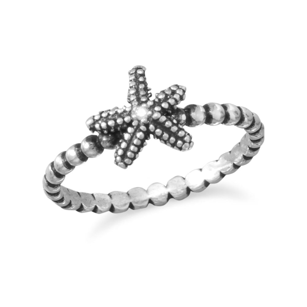 Starfish Ring Beaded Band Antique Finish with Cubic Zirconia Center
