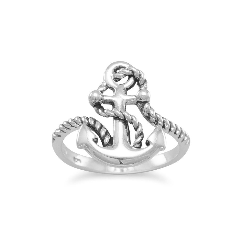 Anchor with Rope Nautical Ring Sterling Silver
