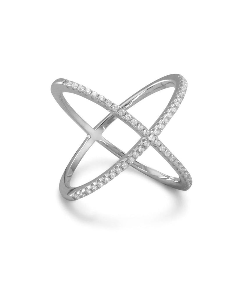 X Cross Ring with Cubic Zirconia Rhodium on Sterling Silver