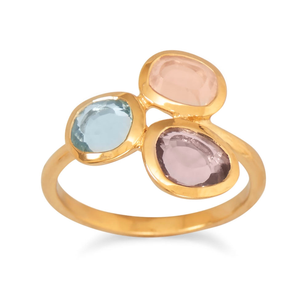 Three stone Amethyst Rose Quartz and Blue Topaz Ring Gold-plated Sterling Silver