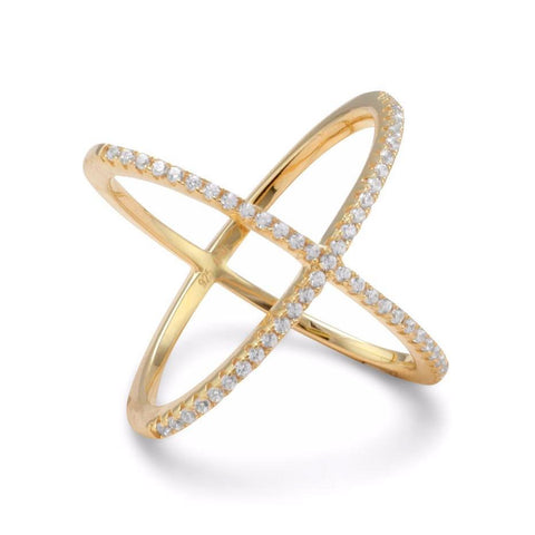 Criss Cross X Design Ring Gold-plated Sterling Silver with Cubic Zirconia