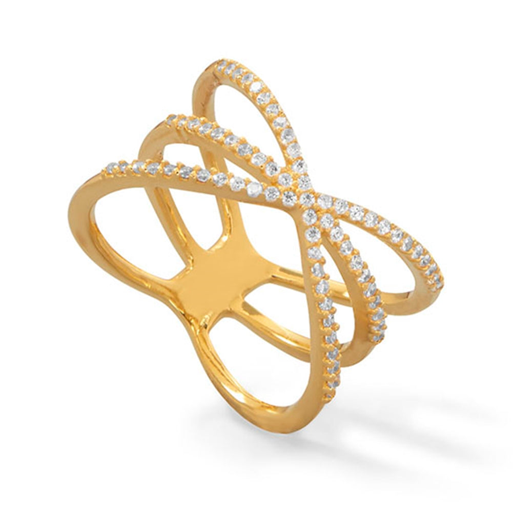 Three-Row Criss Cross Stacking Band Ring with Cubic Zirconia Gold-plated