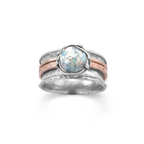 Ancient Roman Glass Ring Round with Rose Gold-plated Bands Sterling Silver
