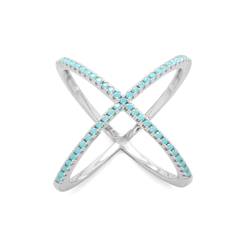 X Ring Criss Cross with Blue Cubic Zirconia Rhodium-plated Sterling Silver