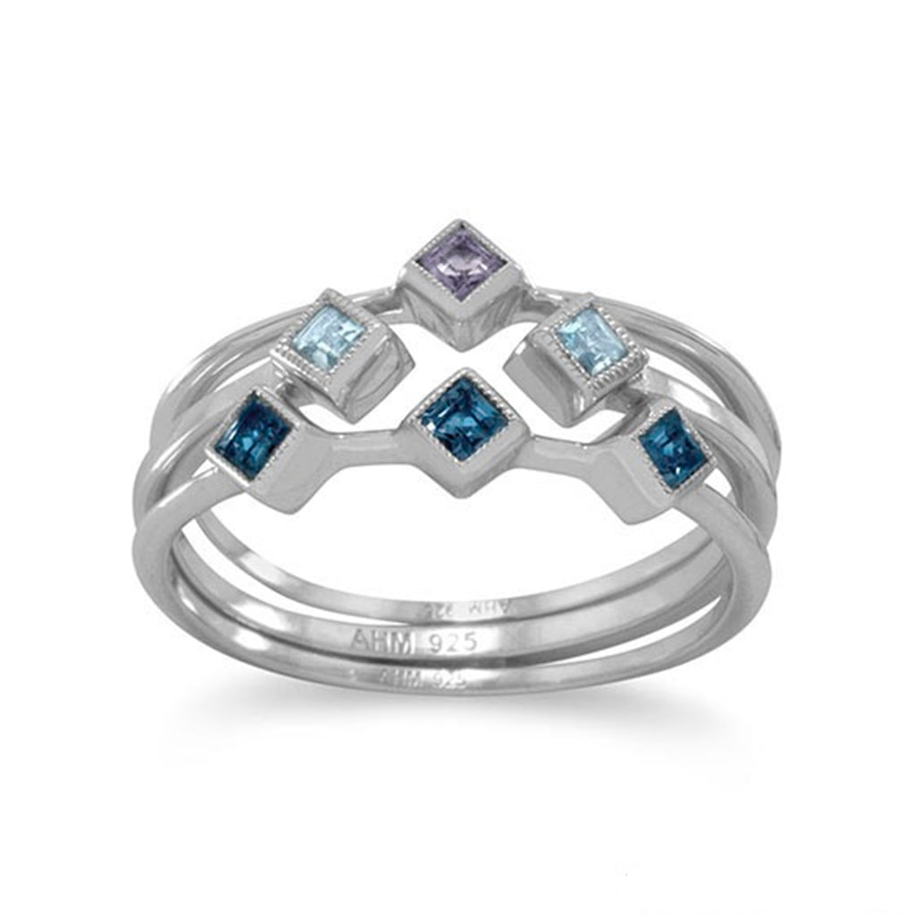 Set of Three Stackable Rings Iolite and Blue Topaz Rhodium on Sterling Silver