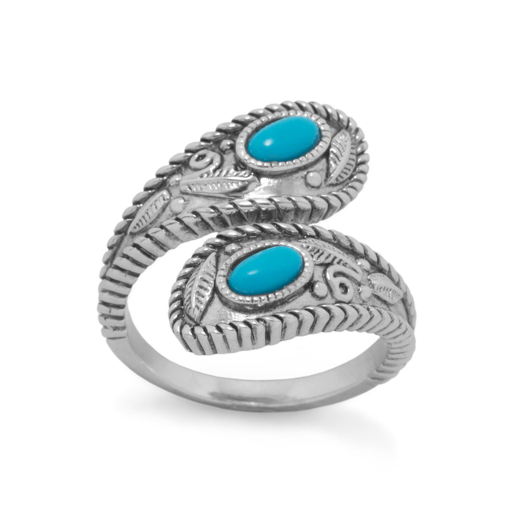 Reconstituted Turquoise Southwestern Leaf Wrap Ring Rhodium on Sterling Silver
