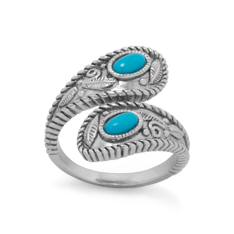 Reconstituted Turquoise Southwestern Leaf Wrap Ring Rhodium on Sterling Silver