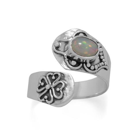 Opal Wrap Spoon Ring with Heart Clover Design Sterling Silver