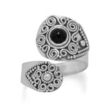 Black Onyx Wrap Spoon Ring with Bead and Scroll Design Sterling Silver
