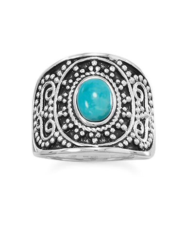 Reconstituted Turquoise Ring with Antiqued Bead Design Sterling Silver