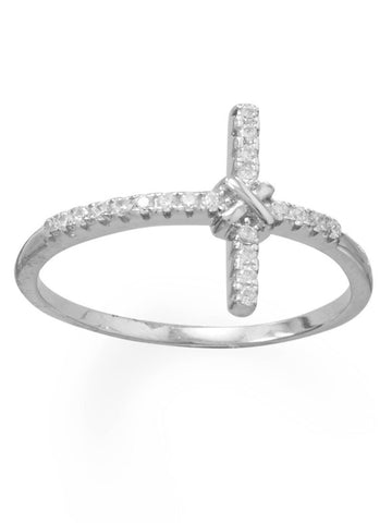 Sideways Cross Ring with X Center Cubic Zirconia Rhodium on Sterling Silver
