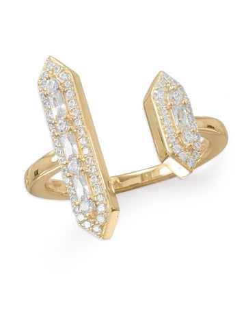 Gold-plated Sterling Silver Double Bar Ring with Cubic Zirconia Accents