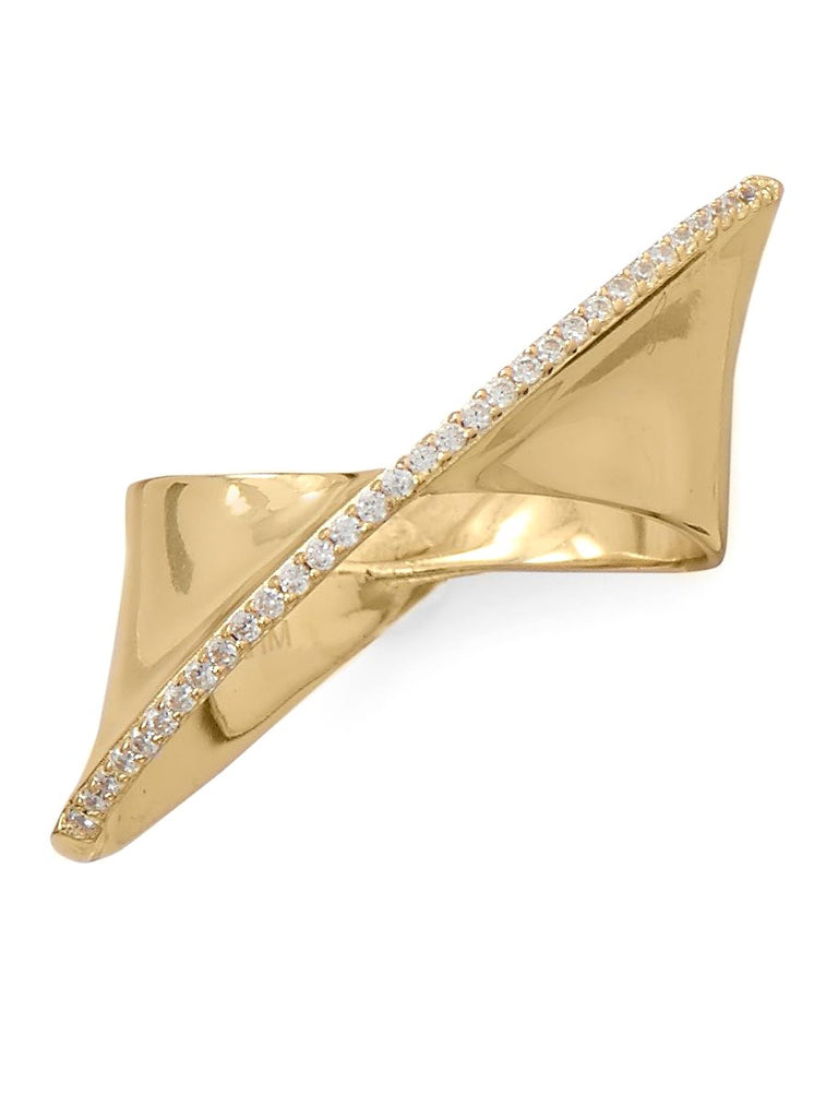Gold-plated Sterling Silver Ribbon Twist Ring with Sparkling Cubic Zirconia