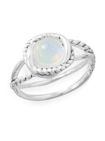Round Rainbow Moonstone Ring with Cross Cross Band Rope Design Sterling Silver