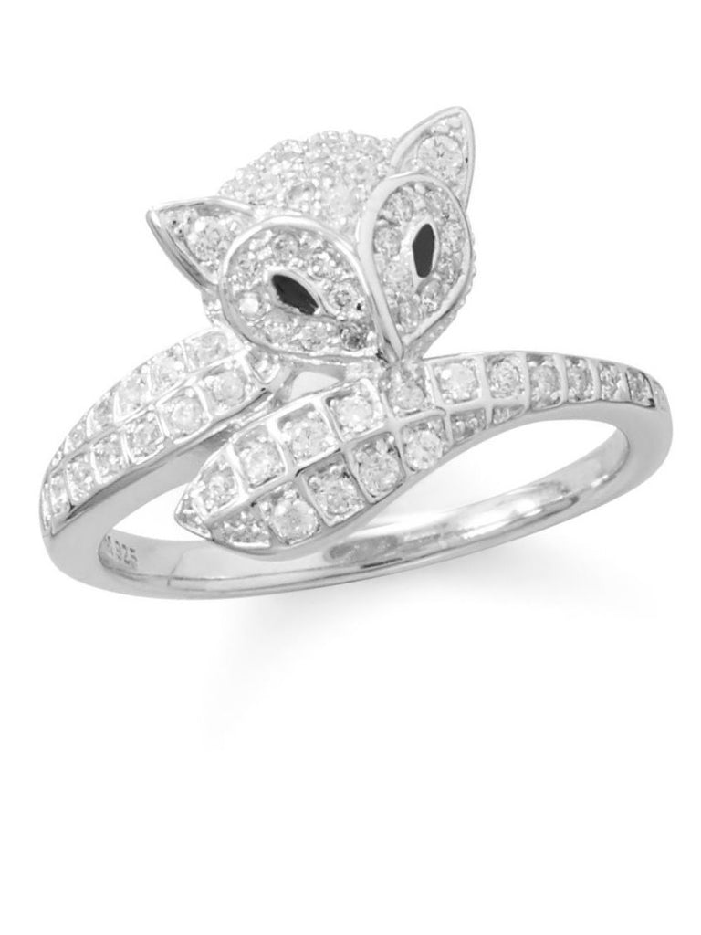 Cute Fox Wrap Ring with 63 Sparkling Cubic Zirconia Rhodium on Sterling Silver