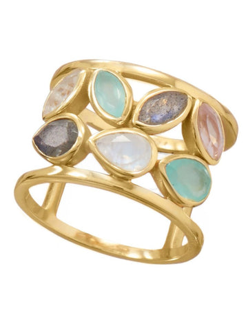 Gold-plated Genuine Ring Rose Quartz, Rainbow Moonstone, Labradorite, Chalcedony