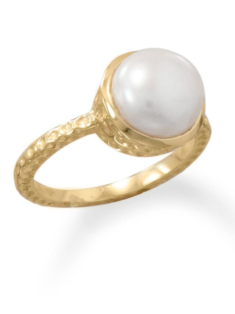 Gold-plated 9.5-10mm White Cultured Freshwater Pearl Ring Hammered Band