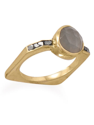 Diamond Chip and Gray Moonstone Ring Square Band Gold-plated Sterling Silver