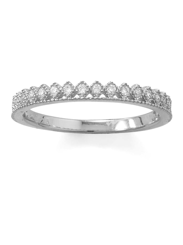 Crown Design Band Ring Cubic Zirconia Rhodium Over Sterling Silver Diamond-shape