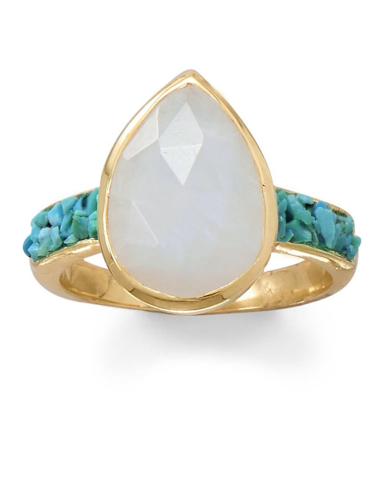 Rainbow Moonstone and Turquoise Ring Gold-plated Sterling Silver