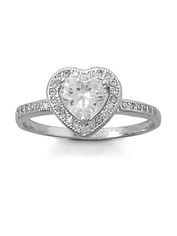 Heart Ring Cubic Zirconia Halo and Band Rhodium on Sterling Silver