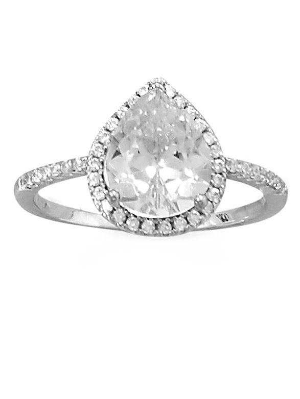Pear Shape Halo Ring Cubic Zirconia Band Rhodium on Sterling Silver