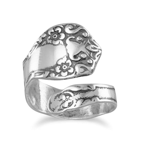 Spoon Ring Oxidized Sterling Silver Floral Design