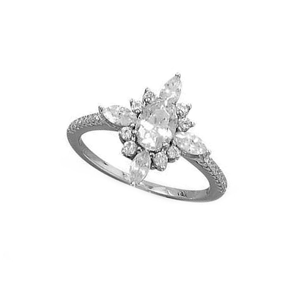 Marquise Flower Design Ring Cubic Zirconia Band Rhodium on Sterling Silver