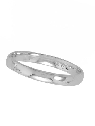 Wedding Band Ring 3mm Wide Polished Rhodium on Sterling Silver Nontarnish