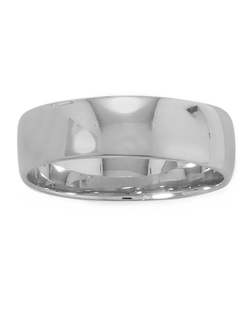 Wedding Band Ring 6mm Wide Polished Rhodium on Sterling Silver Nontarnish