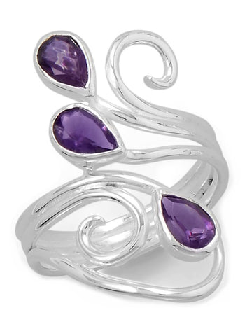 Three-stone Teardrop Amethyst Ring Swirl Scroll Design Sterling Silver